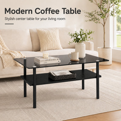38.6" Rectangular Tempered Glass Coffee Table with Storage Shelf, Solid Black