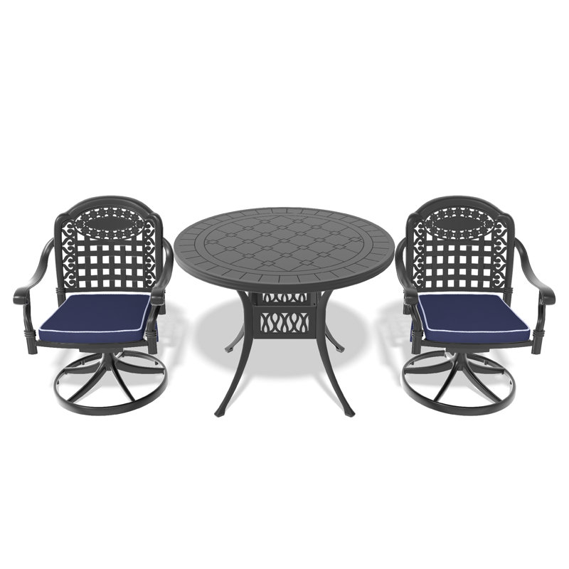 Ensemble de salle à manger 3 pièces en aluminium coulé toutes saisons comprenant 2 chaises pivotantes et une table ronde de 39,37 po avec structure noire