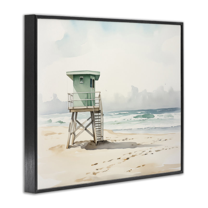 «Summer Lifeguard Stand», estampe numérique par Arlington Prints, H 11 po x l 14 po, Giclée encadrée noir minuit