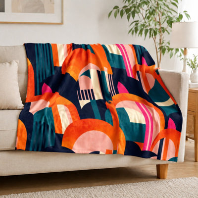 Cozy Abstract Geometric Pattern Flannel Throw Blanket, Vibrant Circles And Stripes Art Print, Ultra Soft, Lightweight, Breathable, All‑Season, Skin‑Friendly, Machine Washable, Decorative, for Sofa, Couch, Living Room and Bedroom
