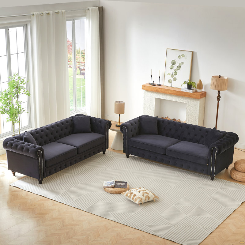 Canapé de salon moderne à 3 sièges + 3 sièges avec cadre en bois massif et pieds en bois, 4 coussins, mobilier d'appartement