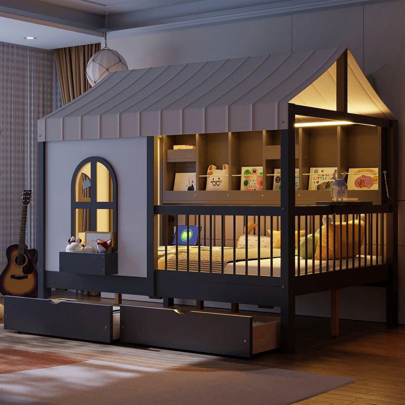 Full Size House Bed with 2 Large Drawers, Side Bookshelf with LED, Perfect for Kids' Imagination and Storage, Gray