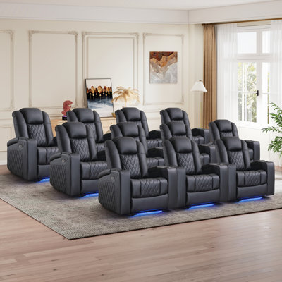 Fauteuil de cinéma maison inclinable électrique en similicuir de 34,6 po de largeur avec rangement pour accoudoirs, deux porte-gobelets, port de charge USB et éclairage ambiant