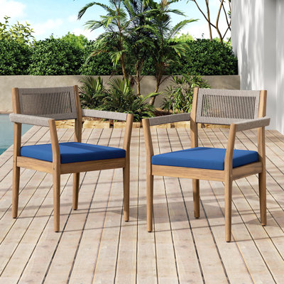 Cieanna Mid-Century Coastal Acacia Wood Outdoor Dining Chair With Rope Back And Cushion