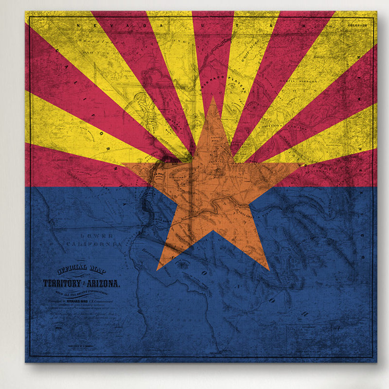 « arizona flag, old western map grunge », impression sur toile, H 26 po x l 26 po x P 1,5 po, Toile avec cadre flottant noir