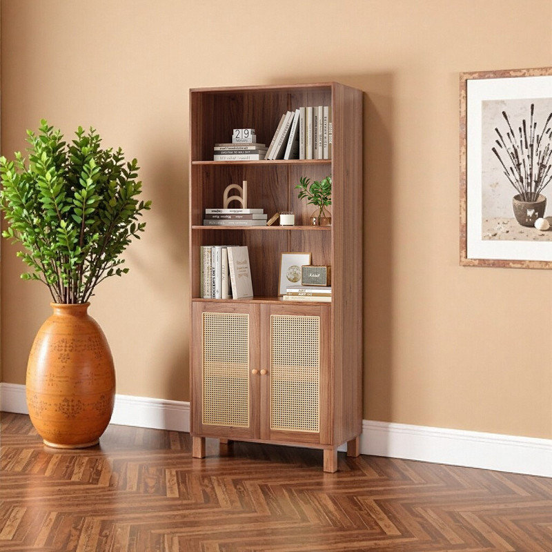 5-Shelf Bookcase with Rattan Doors / Storage Wood Shelves Large Bookshelf – Farmhouse & Coastal Style, Brown