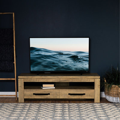 Meuble télé 2 manguiers, look rustique relaxant, poignées en métal noir audacieux, tiroirs spacieux, dossier ouvert, gestion des câbles, support en bois d'ingénierie au fini, deux glissières de tiroir de style rétro, style européen, pour