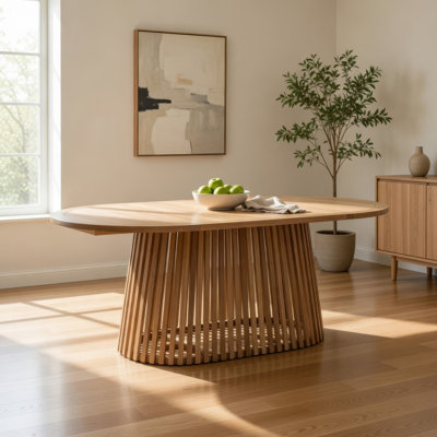 Table de salle à manger Lev, plateau ovale 79 po, base piédestal, bois brun naturel