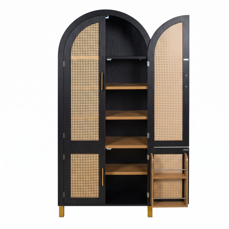 Armoire haute cintrée en rotin avec 4 portes et tablettes réglables, Noir