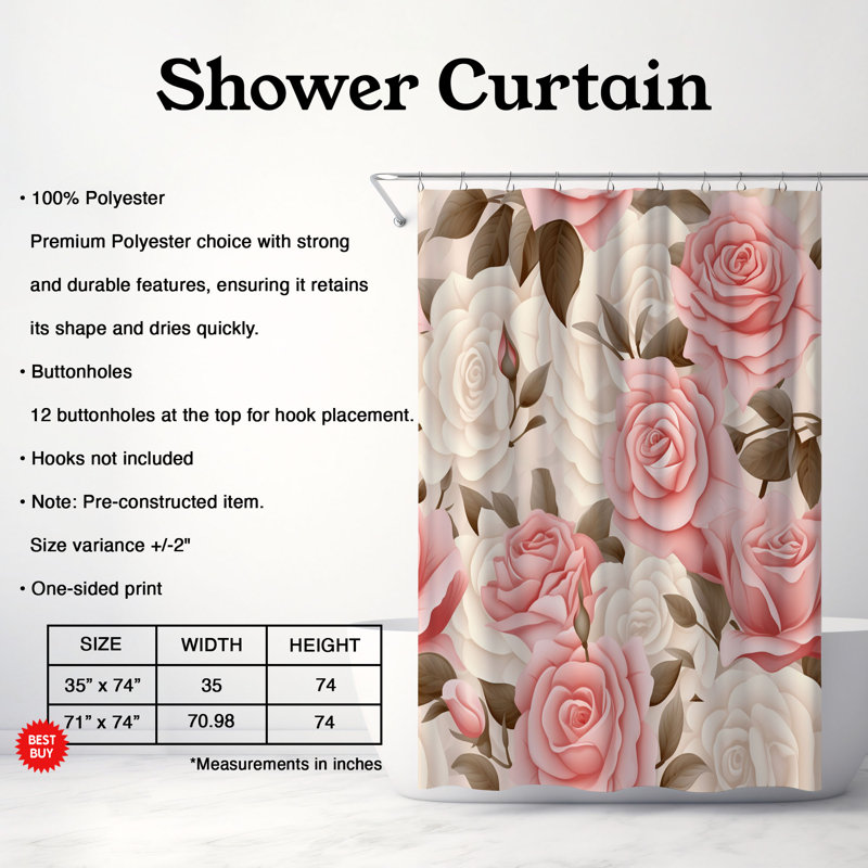Rideau de douche 1 pièce Petal Pink, H 74 po x l 71 po