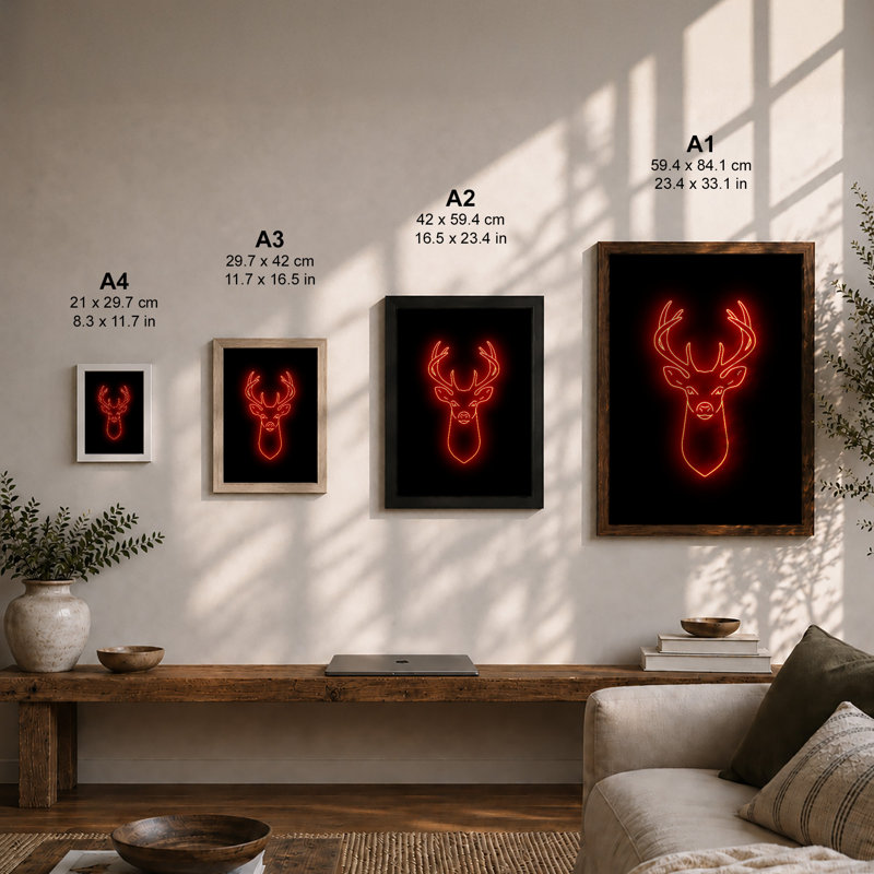 Neon Deer Modern - Framed Print, A2 - 59.4 x 42.0 cm, Black