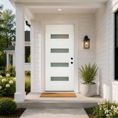 Panneau de porte d'entrée en fibre de verre, finition démontable, 4 carreaux de verre dépoli - Style contemporain pour l'entrée principale de votre maison, ouverture vers l'intérieur à gauche (cadre de porte non inclus)
