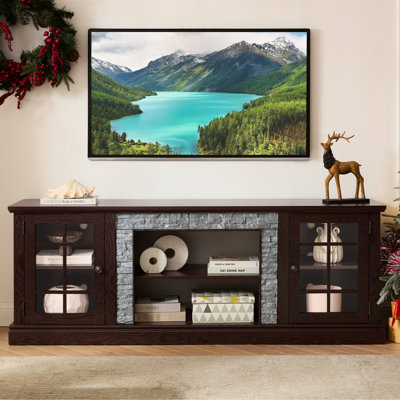 Cherry 70" Tv Stand, Faux Stone Surround, 2-door Storage, 75'' Accommodation, 6 Cable Cutouts