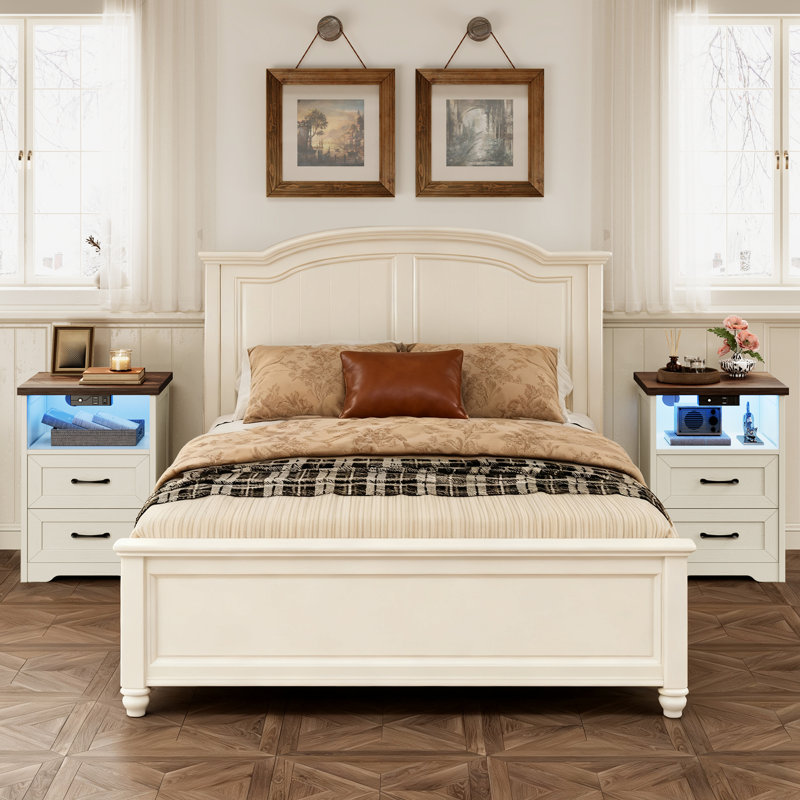 Aeliana Farmhouse Nightstand with Charging Station and LED Lights, 2 Drawers Bed Side Table for Bedroom, Living Room（Set of 2）