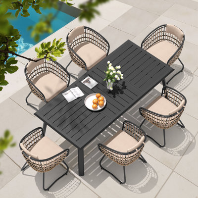 6 - Person Rectangular Aluminum Dining Set with Cushions and Umbrella Hole (Set of 7)