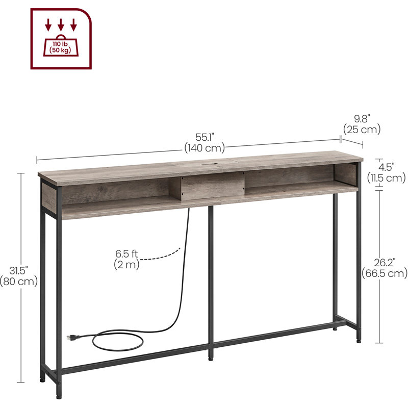 Gericho Console Table with Outlet, Gray, 31.5'' H X 55.1'' W X 9.8'' D