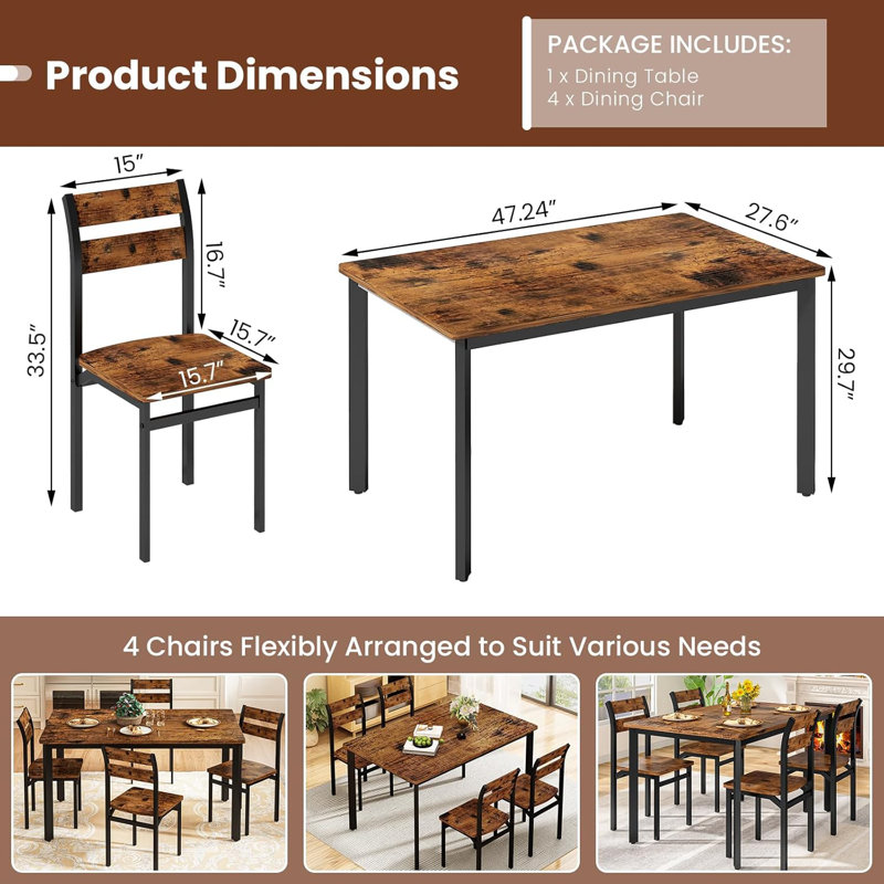 5-Piece Kitchen Table Chairs Set, Dining Table Set For 4, Rectangle Dining Room Table Set With Four Chairs And Wooden Table Top, Dining Table Set With Backrest For Small Spaces, Dining Or Living Room