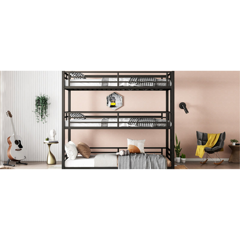 Lit superposé triple en métal noir avec lit simple TG, structure robuste et lattes de réduction du bruit pour des barrières de sécurité silencieuses, chambres partagées peu encombrantes