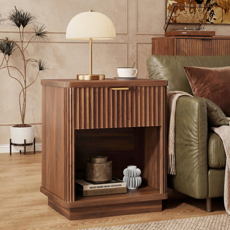 Rhythm Nightstand with Charging Station, Black Fluted Wood Bedside Table with 1 Drawer Storage, 15"D x 19.7"W x 23.6"H