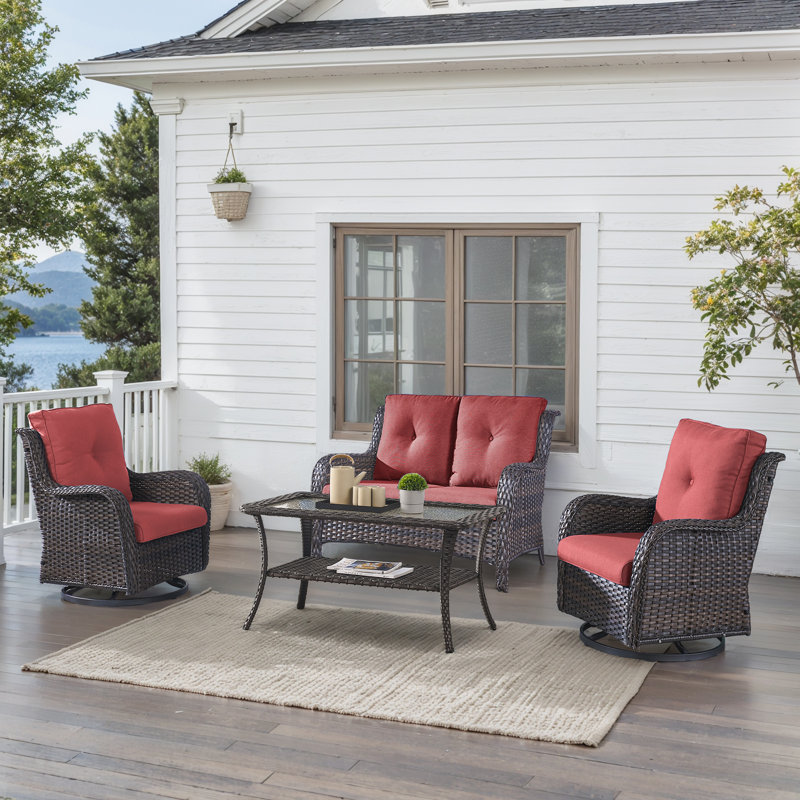 Ensemble de conversation d'extérieur carré pour 4 personnes Carolina avec causeuse et fauteuil pivotant, Brun, Rouge