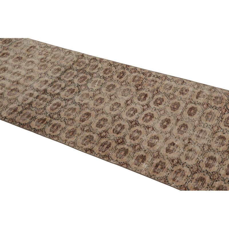 Vintage Distressed Runner Rug, Beige-Brown Allover Geometric Motif – Rug & Kilim