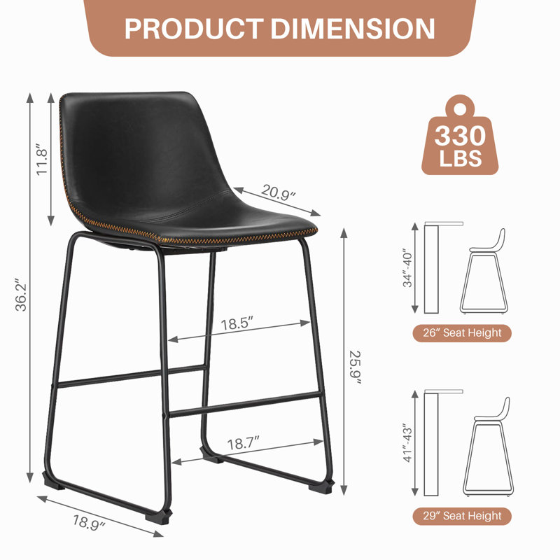 Tabourets de bar à hauteur de comptoir avec dossier en cuir, tabourets de bar Matel pour la cuisine, ensemble de 4 tabourets de 26 pouces