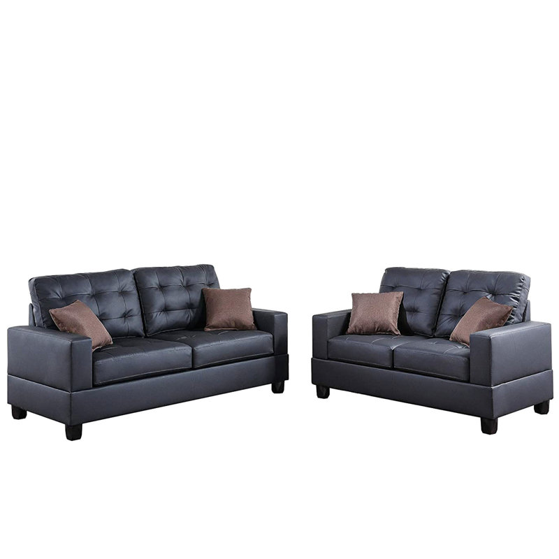 2 pièces en similicuir noir: avec pieds et sièges solides pour le salon Canapé moderne: cuir et bois