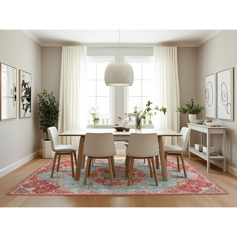 Bleu oriental/rouge/beige Tapis décoratif, Rectangle 7 pi x 10 pi