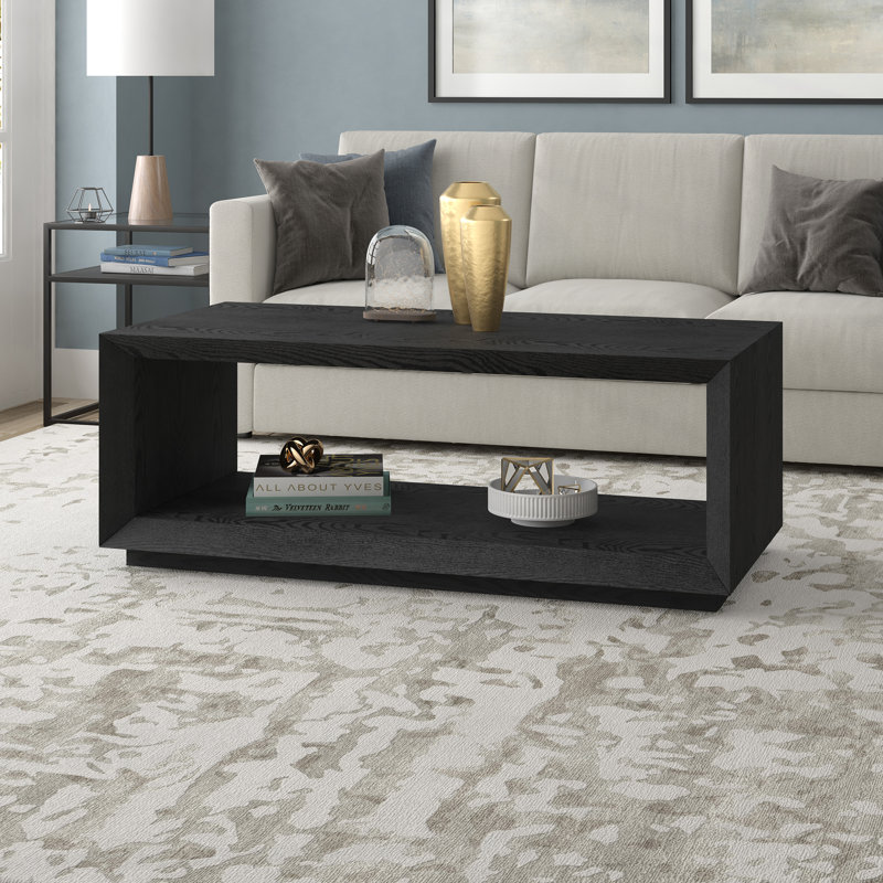 47.5" Wide Coffee Table with Open Lower Shelf — Black Grain Scandinavian MDF Center Table for Living Room | Evie, Black Grain