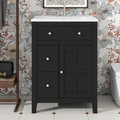 Armoire de lavabo de salle de bain 24 po style moderne avec lavabo en céramique 2 tiroirs et porte à fermeture douce