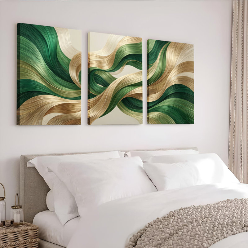 Ensemble de 3 tableaux abstraits sur toile, motif vagues vertes et dorées, pour la décoration du salon et de la chambre.