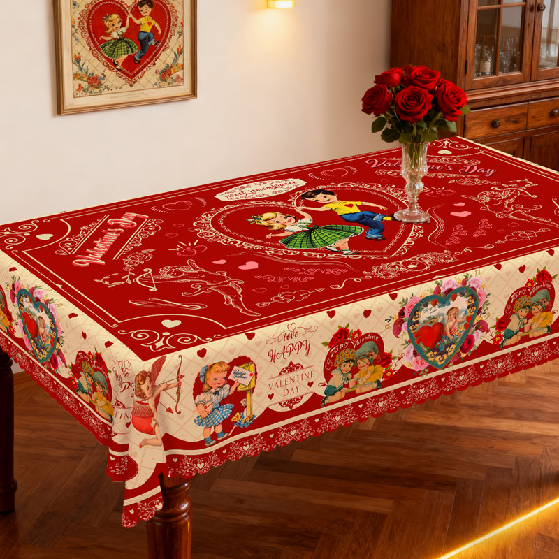 Nappe rétro - Couvre-table décoratif à motif rétro rouge et cœur romantique pour la Saint-Valentin, table de salle à manger de cuisine, nappe rectangulaire, nappe en tissu réutilisable