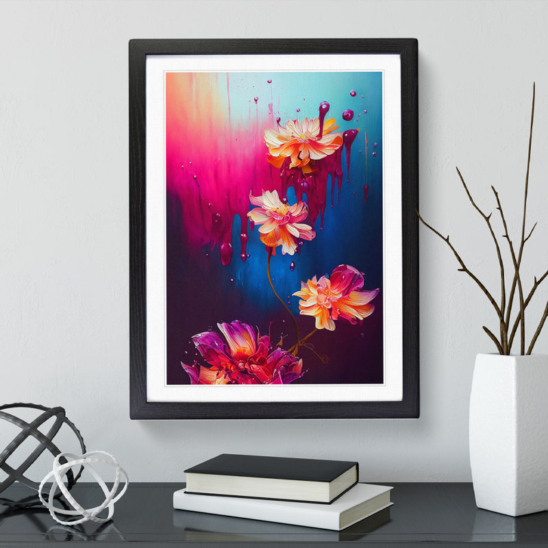 Flowers Dripping Paint No.3 Abstract - Single Picture Frame Print, 64cm H x 46cm W, Black