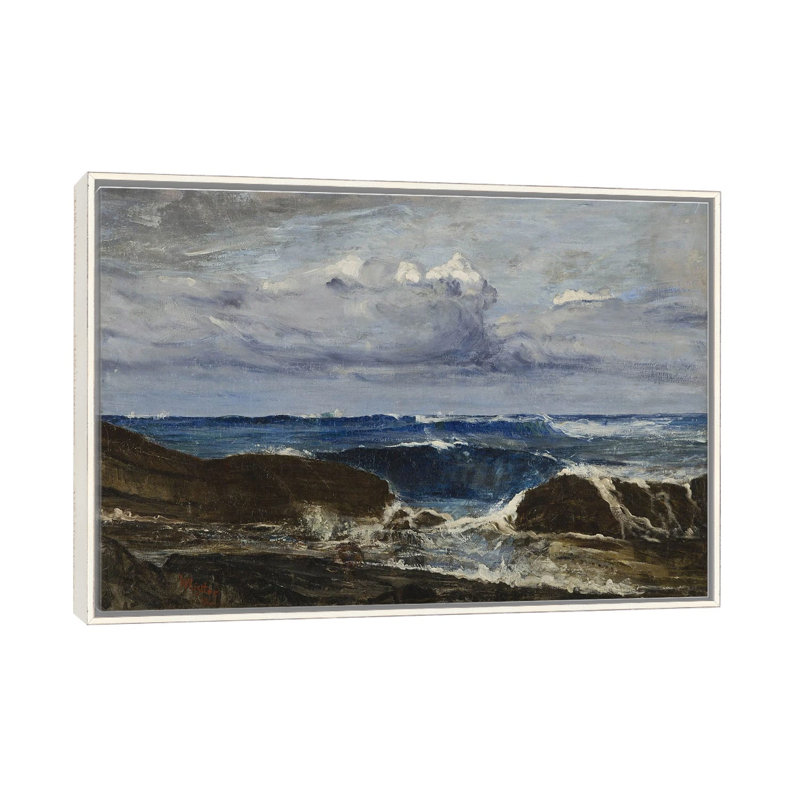 «Blue and Silver Blue Wave, Biarritz», reproduction d'art sur toile encadrée, 40 po x 60 po, Toile avec cadre, Blanc patiné
