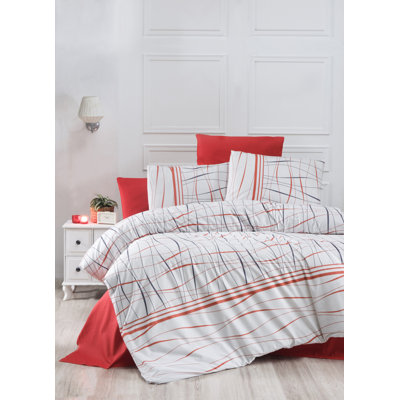Ensemble de housse de couette double 100% coton Ranforce, blanc / rouge / bleu foncé | Housse de couette 78,7 po x 86,6 po, drap plat 86,6 po x 94,5 po, 2 taies d'oreiller 19,7 po x 27,6 po | 142 fils, fermeture à boutons, lavable à la machine
