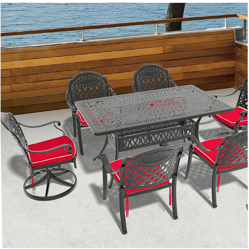 Ensemble de salle à manger 7 pièces en fonte d'aluminium toutes saisons comprenant 2 chaises pivotantes, 4 chaises de salle à manger et une table rectangulaire avec cadre noir (même SKU: W1710S00371)