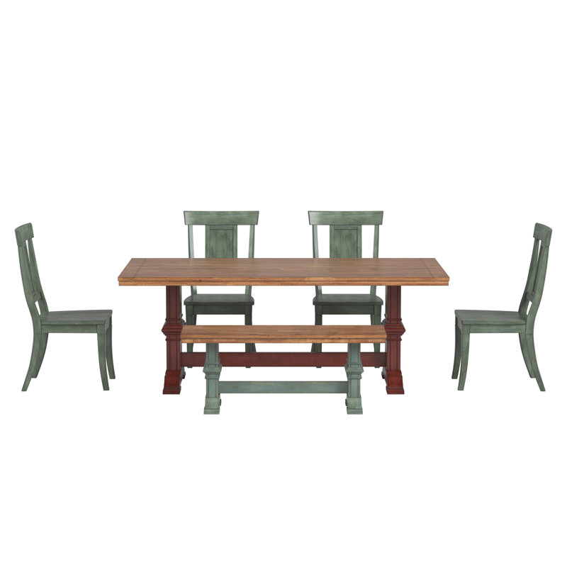 Ensemble de salle à manger Lumley 7 pièces, dessus en chêne massif, chaises à dossier à panneaux, table à piètement rouge antique, chaises et banc à piètement en sauge antique.