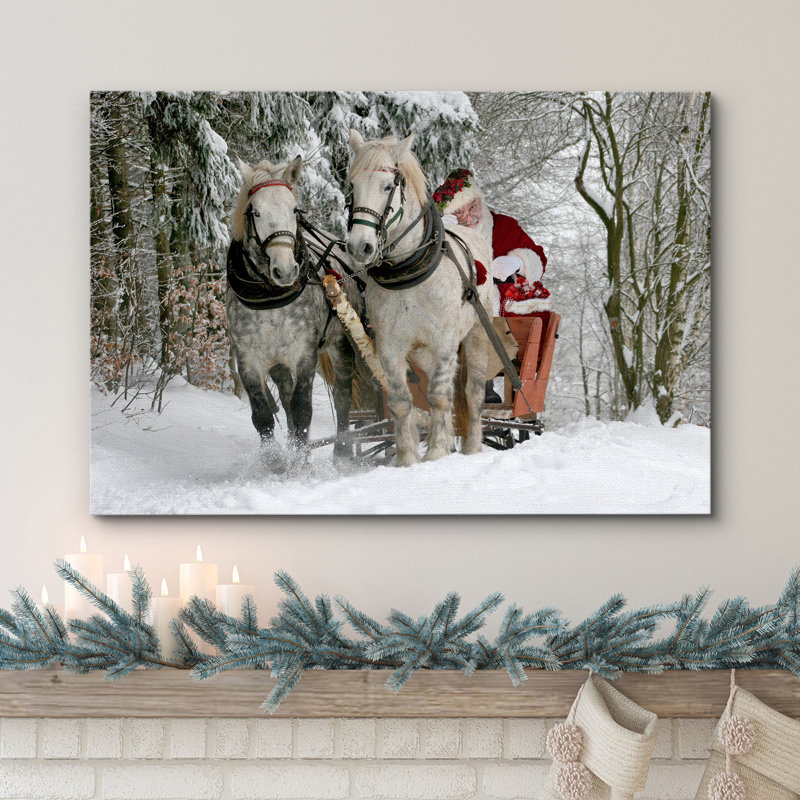 Fête de Noël, célébration de l'hiver, neige, forêt, signes, père Noël, équitation, impression sur toile, grand art mural