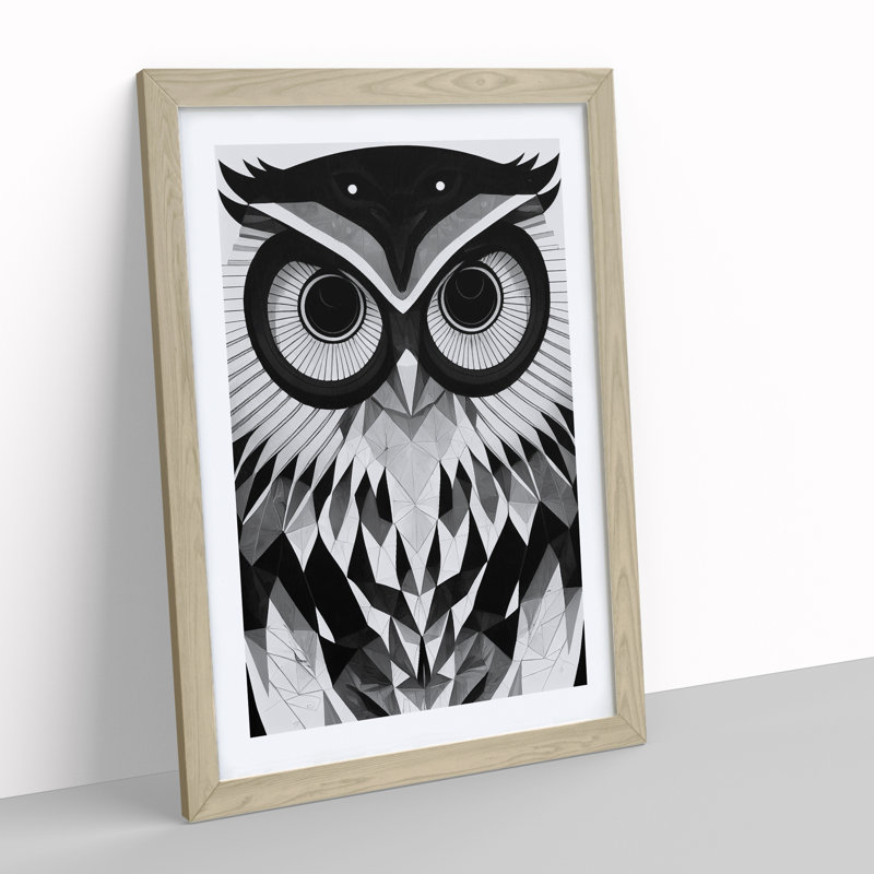 Owl Monochrome - Framed Print, 64cm H x 46cm W x 2cm D, Oak