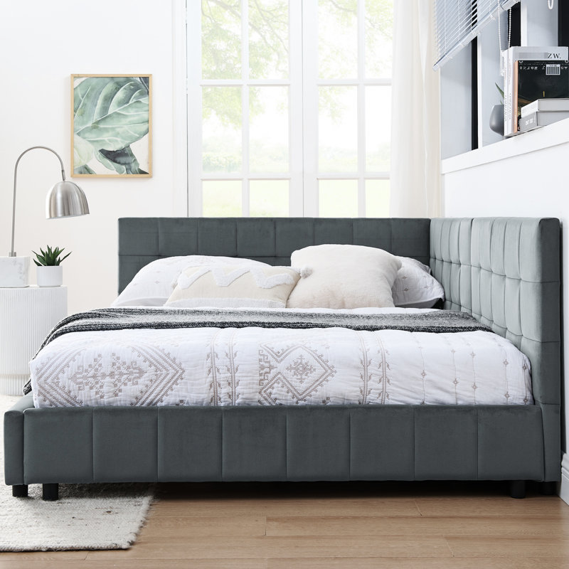 And Full Size Bed Frame With Grey Velvet Upholstery For Bedroom Living Room Comfortable In Armrest