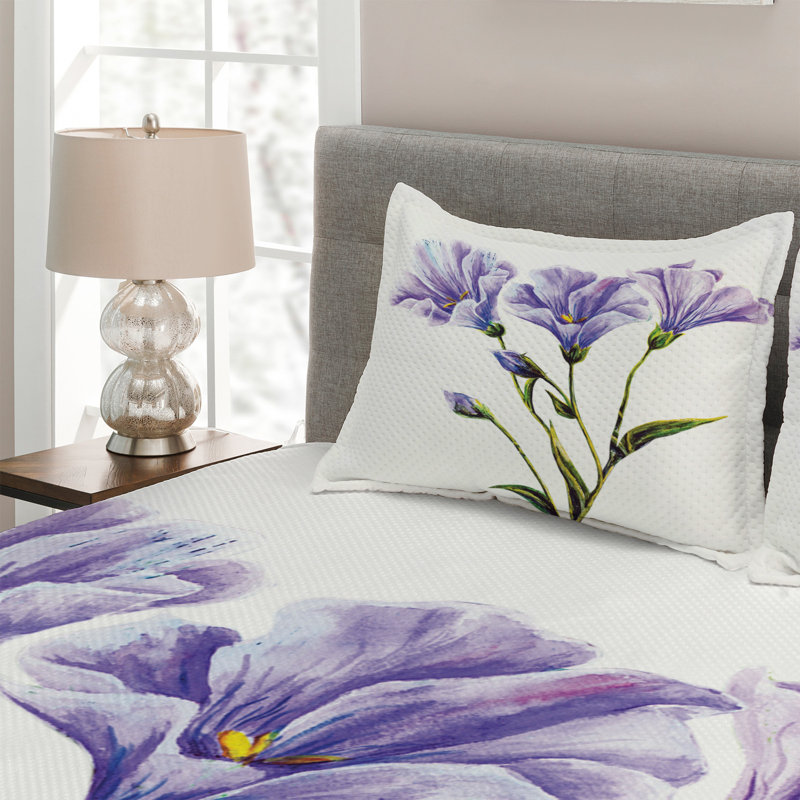 Queen White and Violet Floral Polyester Bedspread Set