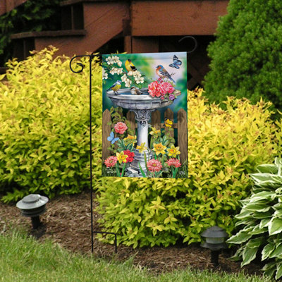 Birdbath In Bloom Garden Flag