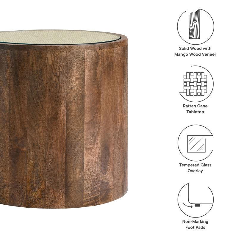Truett Round Walnut Wood Rattan Side Table with Glass Top