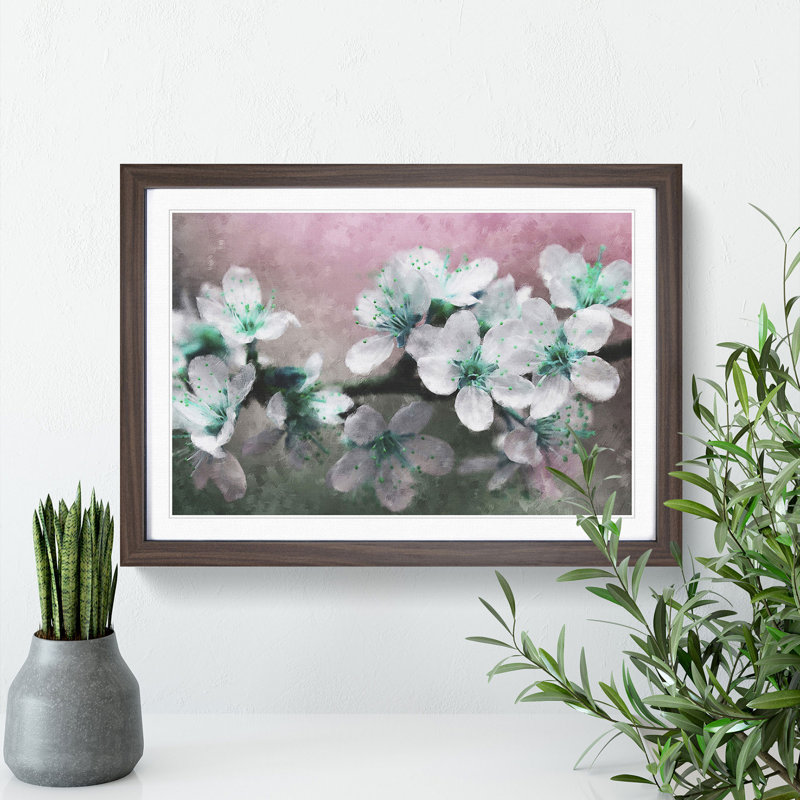 White Cherry Blossom Tree in Bloom - Picture Frame Painting Print, 24cm H x 33cm W x 2cm D, Walnut Framed