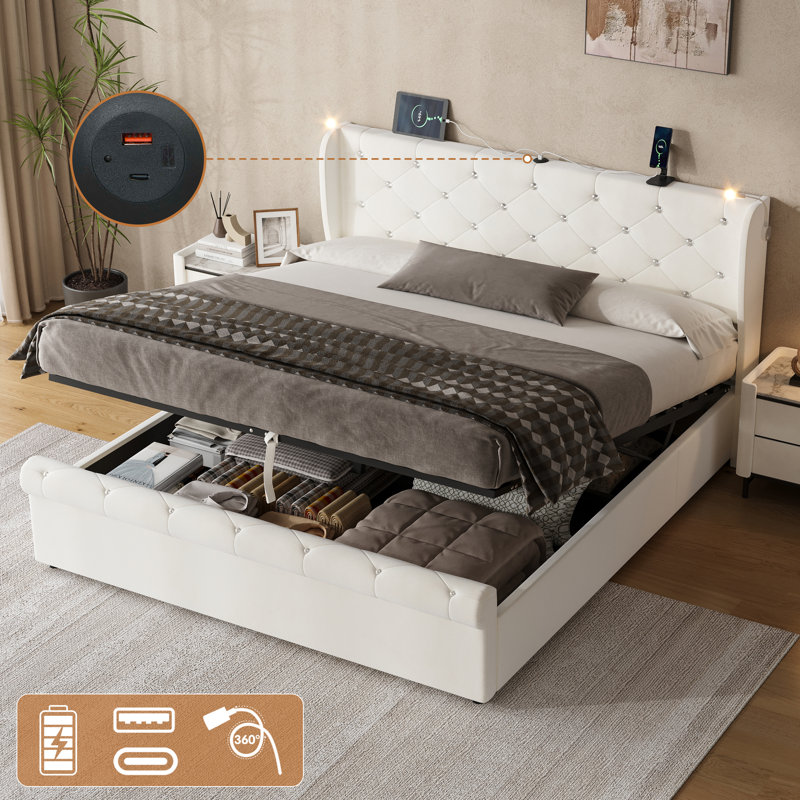 Upholstered Ottoman Storage Bed, Beige, Kingsize (5')