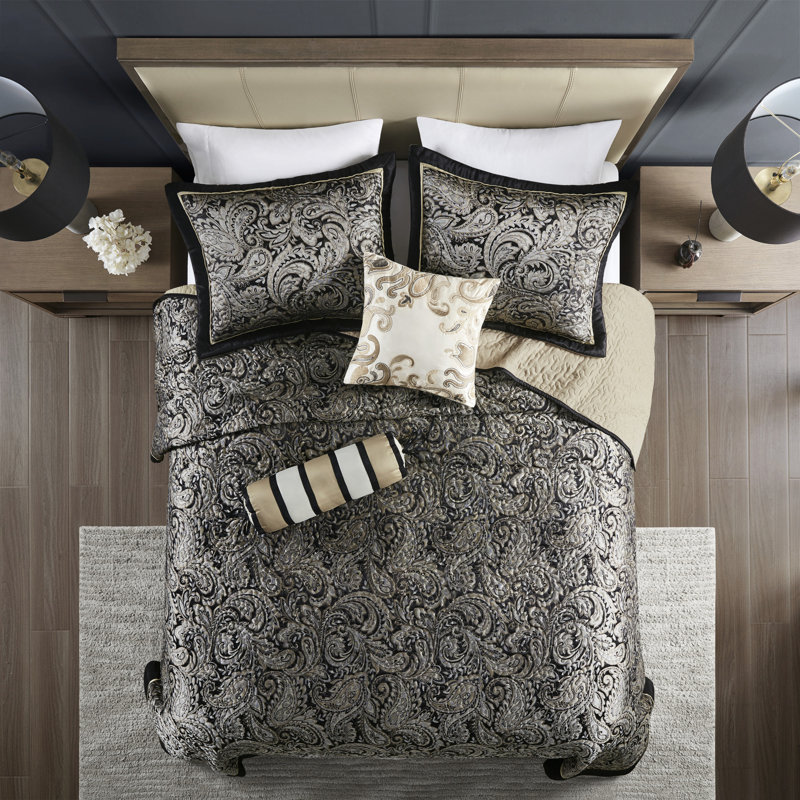 Couvre-lit noir avec bordure unie pour très grand lit, Couvre-lit très grand + 4 pièces supplémentaire, Noir