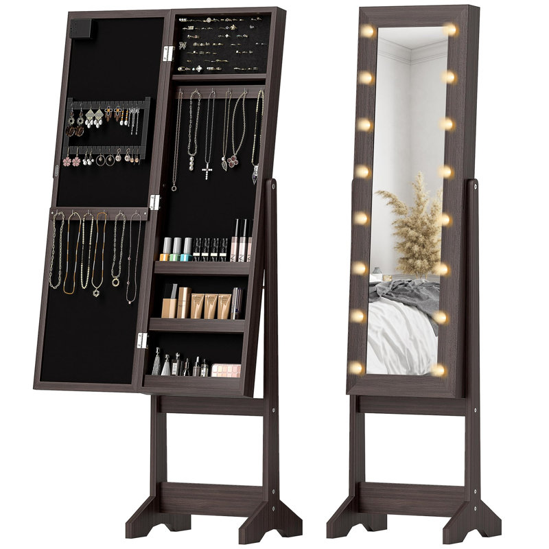 Freestanding Mirror Jewelry Cabinet With LED Lights, Jewellery Organiser With 3 Angle Adjustable, Full-Length Mirror With Storage For Earrings, Necklaces, Rings And Lipsticks