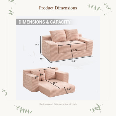 Canapé à compression 56 po en mousse viscoélastique pour salon sans assemblage, conception convertible 2-en-1, tissu en velours côtelé - canapé compact pour les petits espaces, les appartements, le bureau à domicile et la chambre à coucher