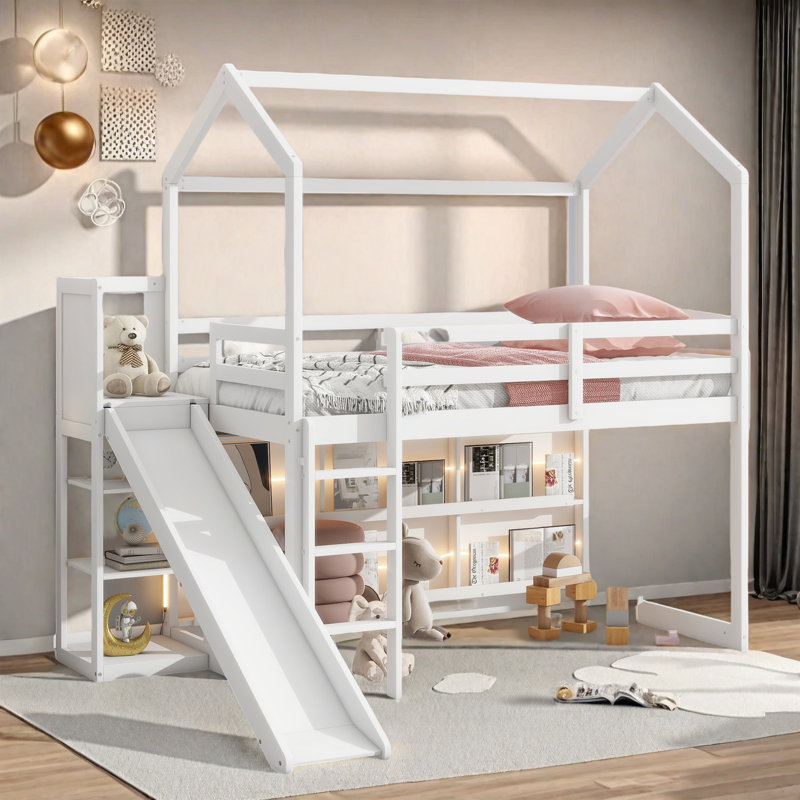 Lit mezzanine simple en bois avec glissade, tablettes de rangement et rampe d'escalade, Blanc