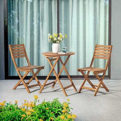 Amanzhan 24"W Solid Outdoor Acacia Wood Round Table With 2 Chairs